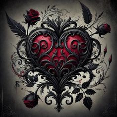 a red heart with black leaves and flowers on it, surrounded by other things in the background