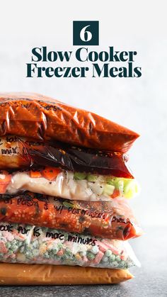 six freezer slow cooker recipes stacked on top of each other