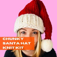 The Extra AF Santa Hat Knit Kit! This super squidgy chunky knitted Santa hat will have all your friends and family swooning and trying to swipe it from you all festive season. Easy to make, so suitable for beginners to intermediate knitters. Made from super chunky yarn its so comfortable, easy to wear and keeps you seriously warm!  This Santa hat is knitted with double yarn on 15mm needles so knits up super fast and the fabric created is seriously squidgy! Available in all my super chunky yarn c Knitted Santa, Knit Purl Stitches, Big Yarn, Christmas Santa Hat, Super Chunky Yarn, Kit Christmas, Knitting Crafts, Chunky Knitting, Knitting Kit