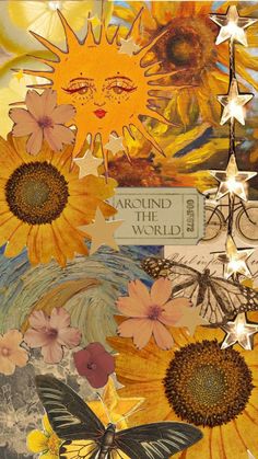 a collage of sunflowers and butterflies with the words around the world written on them