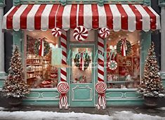 a store front with candy canes and christmas decorations