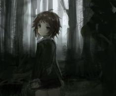 a girl standing in the middle of a forest