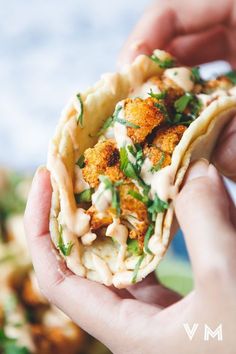 a hand holding a taco filled with meat and vegetables