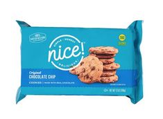 a bag of cookies with chocolate chips on top and the word nice written in white