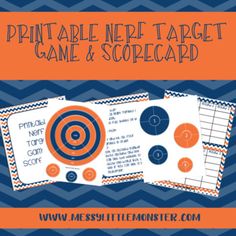 the printable nerf target game and scorecard is shown in blue, orange and white