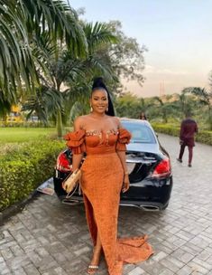 Queen Attire, Guest Wedding Dress, Wedding Asoebi, Aso Ebi Lace, Aso Ebi Lace Styles, Orange Lace Dress, Sequins Gown, Gala Night, African Party Dresses