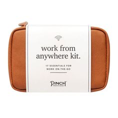 the work from anywhere kit is in an orange case with a white label on it