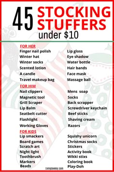 the christmas stocking stuff list for under $ 10 is shown in red and white