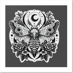 a black and white drawing of a moth with flowers on it's wings, in front of the moon