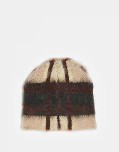 Reclaimed Vintage unisex fluffy plaid beanie in brown | ASOS Mohair Beanie, Reclaimed Vintage, Fashion 2024, Fall 2024, Brown Fashion, Cashmere, Asos, Plaid