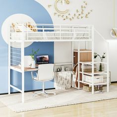 a white loft bed sitting under a blue and white wall next to a wooden floor