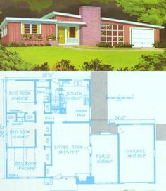 an old house is shown in two different colors and sizes, with the floor plan below it