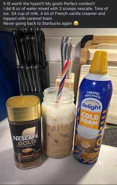 the ingredients to make iced coffee are shown here