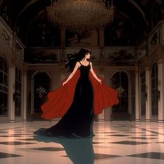 a woman in a black dress and red cape is walking through an ornate room with chandelier