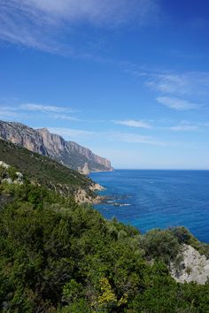 an ocean view with mountains and trees in the foreground, blue water on the far side