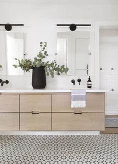 a bathroom with two sinks, mirrors and plants in vases on the counter top