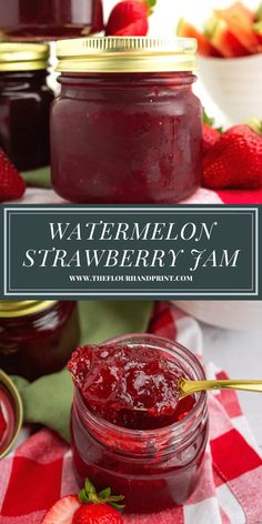 strawberry jam with strawberries in the background and text overlay that reads watermelon strawberry jam