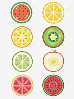 four slices of fruit are arranged in the shape of an apple, orange, watermelon and kiwi