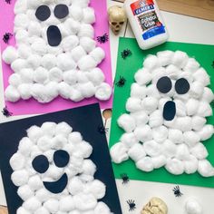 three halloween crafts made with cotton balls and glue