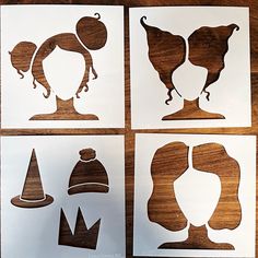 four pieces of cut out paper with different hats and haircuts on top of them