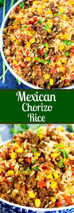 mexican rice in a blue and white bowl with green onions on the side, topped with ground beef