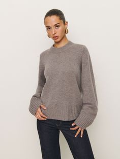 Layer up. Shop the Calloway Regenerative Wool Crew from Reformation, a crewneck sweater with oversized sleeves. Crew Neck Sweater For Workwear In Fall, Oversized Sleeves, Work Wear Outfits, Knitwear Fashion, Vintage Inspired Dresses, Short En Jean, Outerwear Sweater, Inspired Dress, New Tops