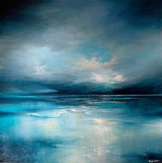 an abstract painting with blue and white colors on the water, dark clouds in the sky