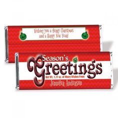 two candy bars with the words season's greetings on them