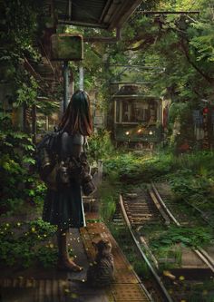 a woman with dreadlocks standing on a train platform next to a cat in the woods