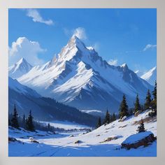 a painting of snow covered mountains and trees