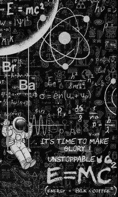 an astronaut is hanging on the side of a blackboard with writing all over it