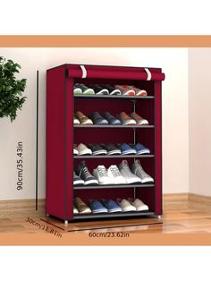 a red shoe rack filled with lots of shoes