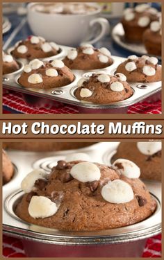 chocolate muffins with marshmallows on top and in a cupcake tin