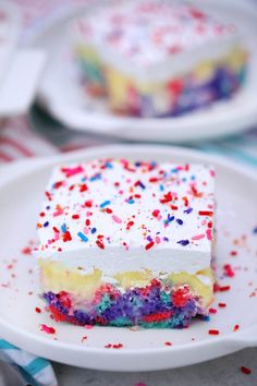 a piece of cake on a plate with sprinkles