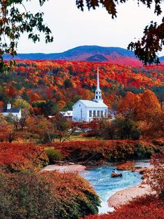 a white church surrounded by trees with fall foliage in the foreground and a river running through it