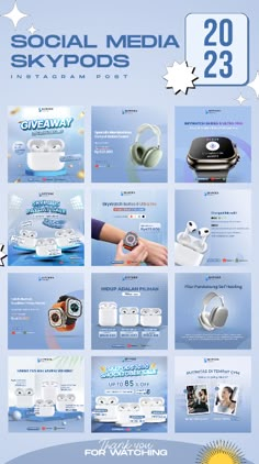 an advertisement for the social media skypods program, with images of various items