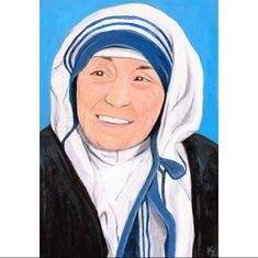 an oil painting of a woman wearing a blue and white headdress, smiling at the camera