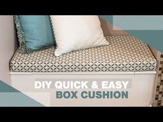 a couch with pillows on it and the words how to make a quick & easy box cushion