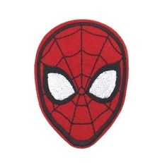 a spiderman mask with white eyes on it's face, embroidered onto a red and black patch