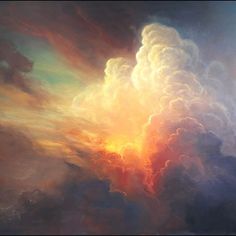 a painting of clouds in the sky with bright oranges and yellows on them