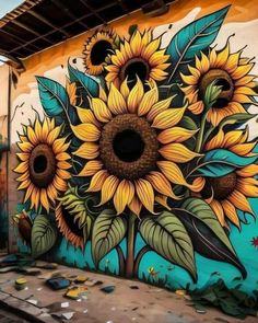 a painting of sunflowers painted on the side of a building with blue sky in the background