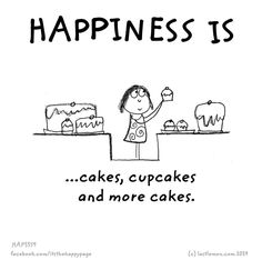 a cartoon drawing of a woman standing in front of a table with cakes on it and the words happiness is cake, cupcakes and more cakes