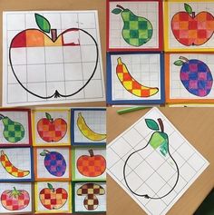 several pictures of apples, oranges, and bananas made with colored squares on a table