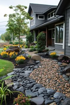 a house that has some rocks in the front yard and flowers on the side of it