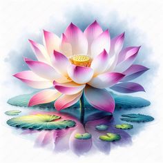 a large pink flower sitting on top of a lake filled with water lilies and lily pads