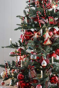 a christmas tree decorated with red and green ornaments