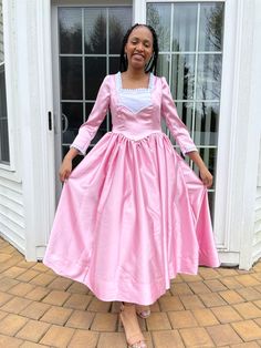 "Presenting Historywearz™ Angelica Schuyler inspired Costume/Dress! This dress is made in beautiful, high-quality machine washable, poly-satin fabric. Your girl will love to wear it for special occasion or \"become\" this beautiful 'Hamilton The Broadway Play\" character:-) The long dress is made from a beautiful poly-satin. The back opens with a zipper, and includes a beautiful back bowed sash (please let us know if you prefer not to have the back sash), there is pretty white lace trim on the e Long Sleeve Victorian Dress With Fitted Bodice, Pink Fitted Ball Gown Corset Dress, Pink Fitted Corset Ball Gown Dress, Pink Fitted Corset Dress Ball Gown, Pink Fitted Corset Ball Gown, Princess Style A-line Dresses, Pink Fitted Ball Gown Dress, Regency Style Fitted Vintage Dress For Costume Party, Fitted Regency Style Vintage Dress For Costume Party