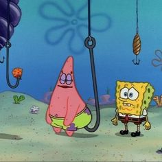 spongebob and patrick fish in the ocean with balloons hanging from hooks above them