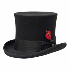 Nothing beats a top hat when it comes to magic and mystery. Our Saint Martin Magician hat casts a spell on you from the moment you try it on. Made with high-quality materials for exceptional durability, the hat looks ready to have a rabbit pulled from it at any moment. The hat features premium wool felt and a 2-inch grosgrain band with a distinctive red feather slipped into it.With sizes ranging from small to double-extra-large, this topper is sized for just about anyone. We can assist you with High Crown Top Hat For Halloween, Formal Adjustable Top Hat With Flat Bill, Adjustable Short Brim Top Hat For Costume, Magician Hat, Outback Hat, Ivy Cap, Plain Canvas, Stetson Hat, Formal Accessories