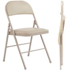 a white folding chair next to a beige folding chair against a white background with the seat up